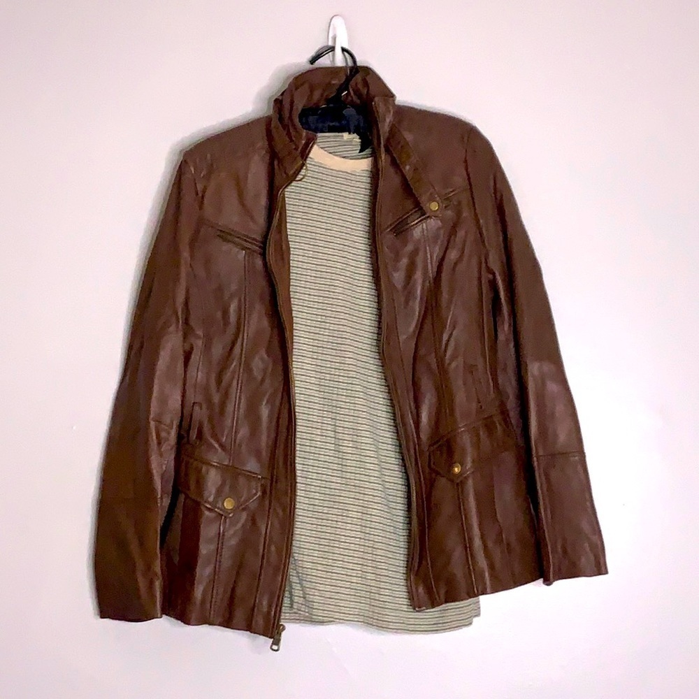 Marc New York Andrew marc chocolate brown leather high neck zip up jacket large